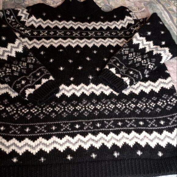 Vintage Fair Isle black & white knit 100% wool sweater - Picture 1 of 8